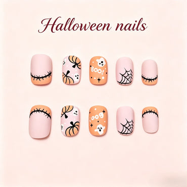Halloween Pumpkin and Boo Press-On Nails – Nude Square, 24pcs