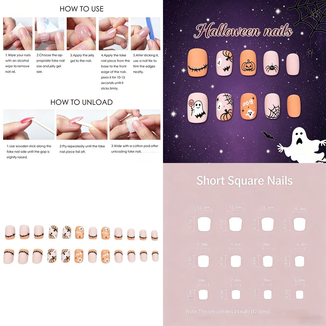 Halloween Pumpkin and Boo Press-On Nails – Nude Square, 24pcs
