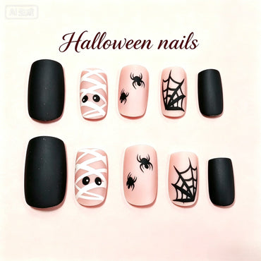 Halloween Mummy and Spider Press-On Nails – Matte Black Square, 24pcs