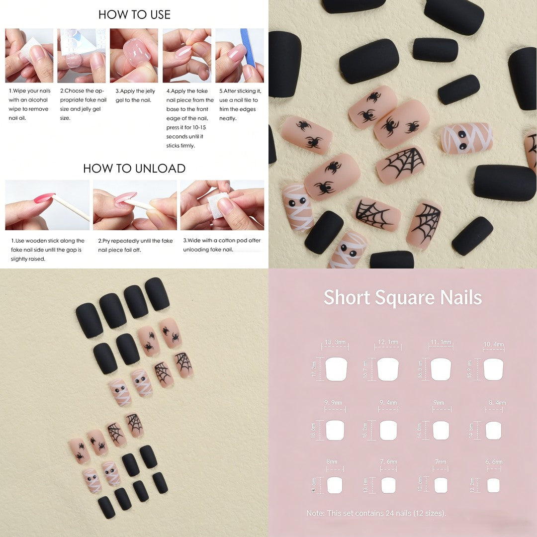 Halloween Mummy and Spider Press-On Nails – Matte Black Square, 24pcs