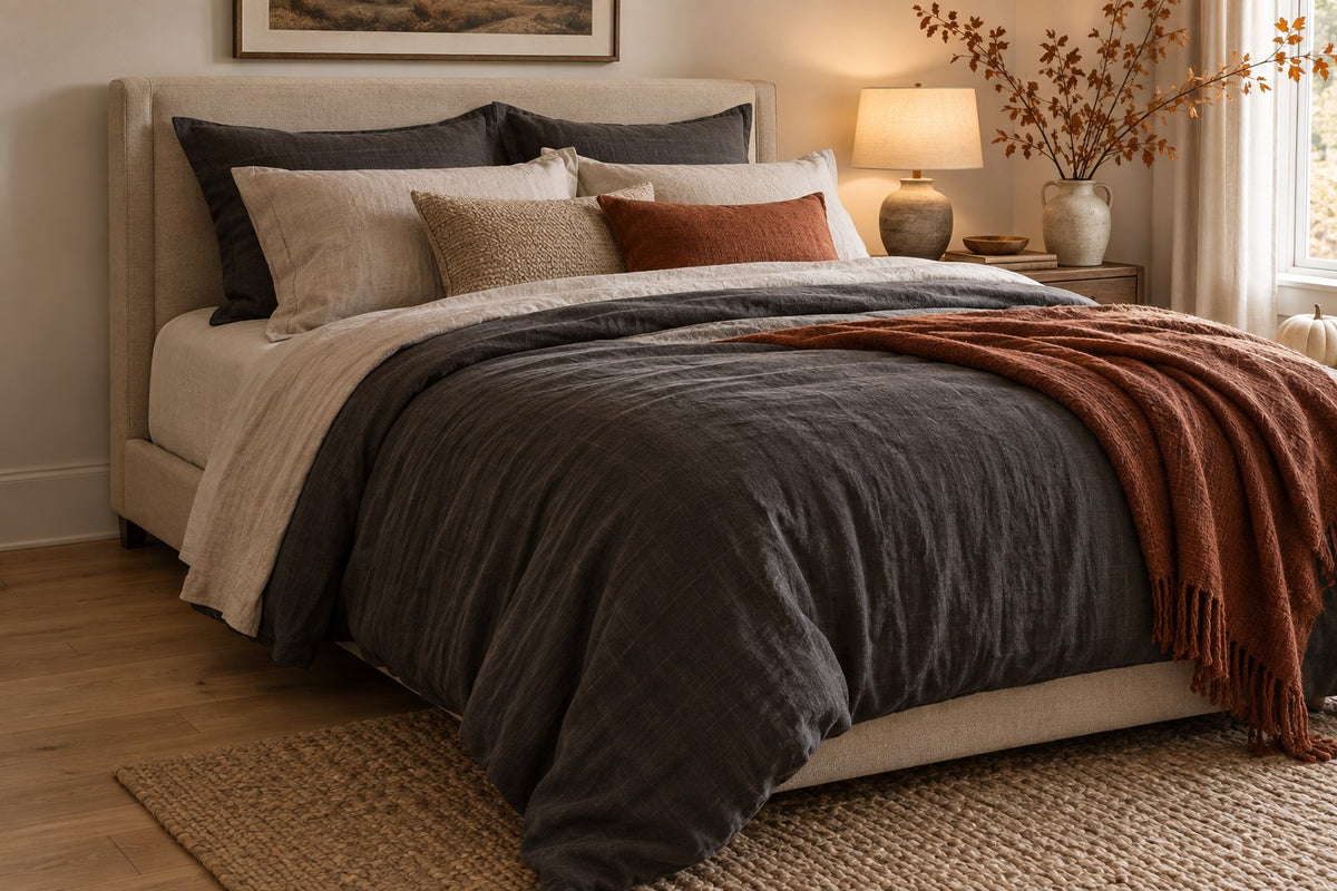 Autumn bedroom with charcoal and rust bedding