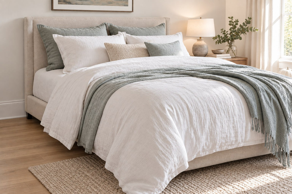 Bright bedroom with crisp white and sage linen bedding