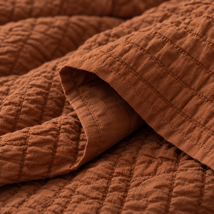 Seersucker Textured Duvet Cover Set, Rust Brown — detail