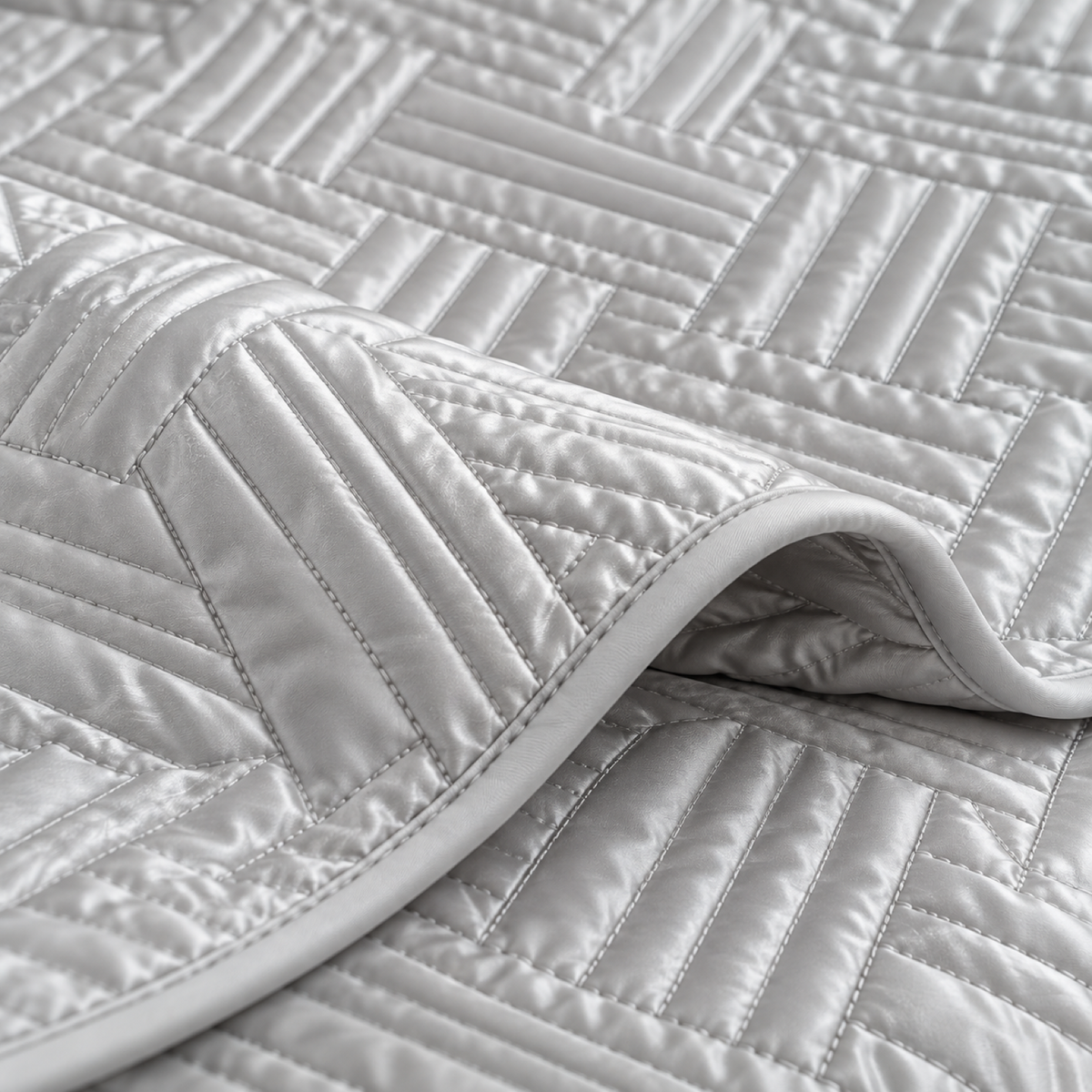 Geometric Satin Quilt Set, Silver Grey — detail