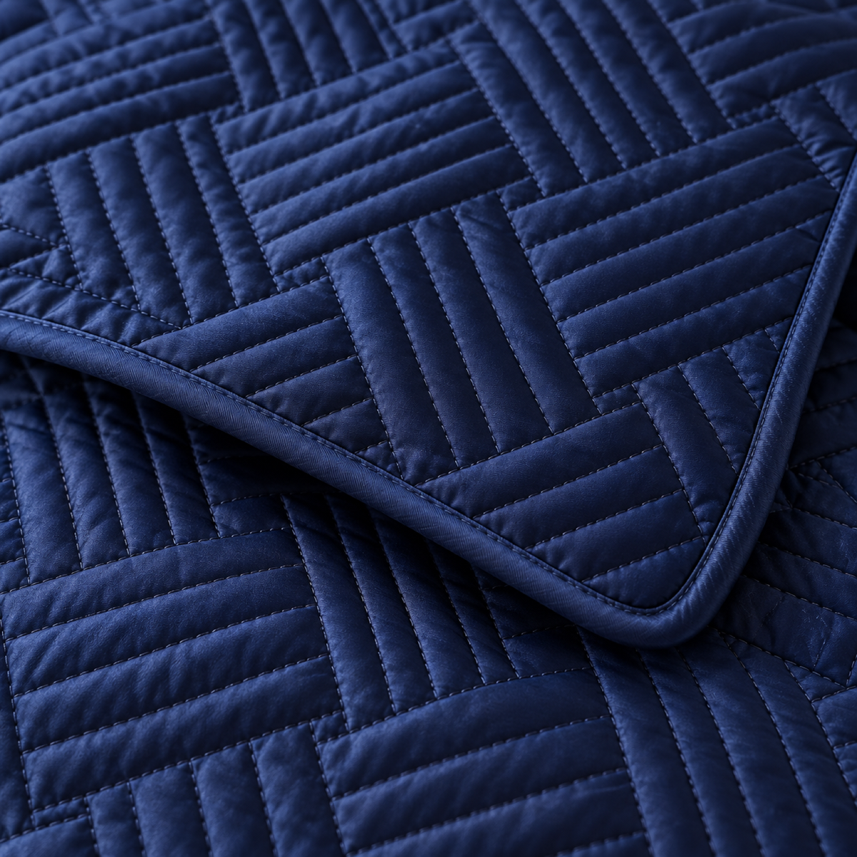 Geometric Satin Quilt Set, Navy Blue — detail