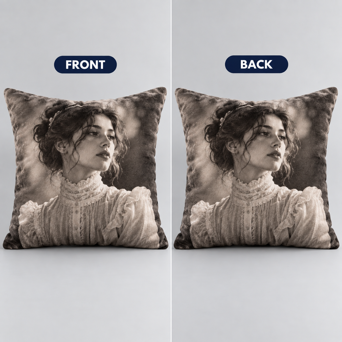 Front and back of the custom gothic photo pillow, the same portrait printed on both sides