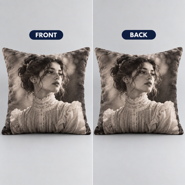 Front and back of the custom gothic photo pillow, the same portrait printed on both sides