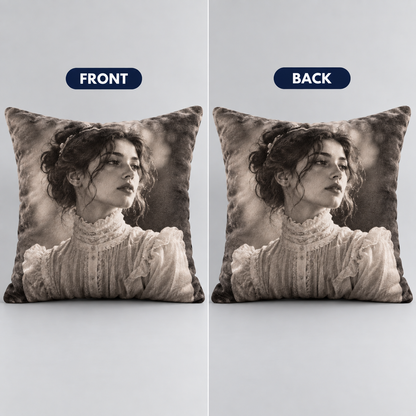 Front and back of the custom gothic photo pillow, the same portrait printed on both sides