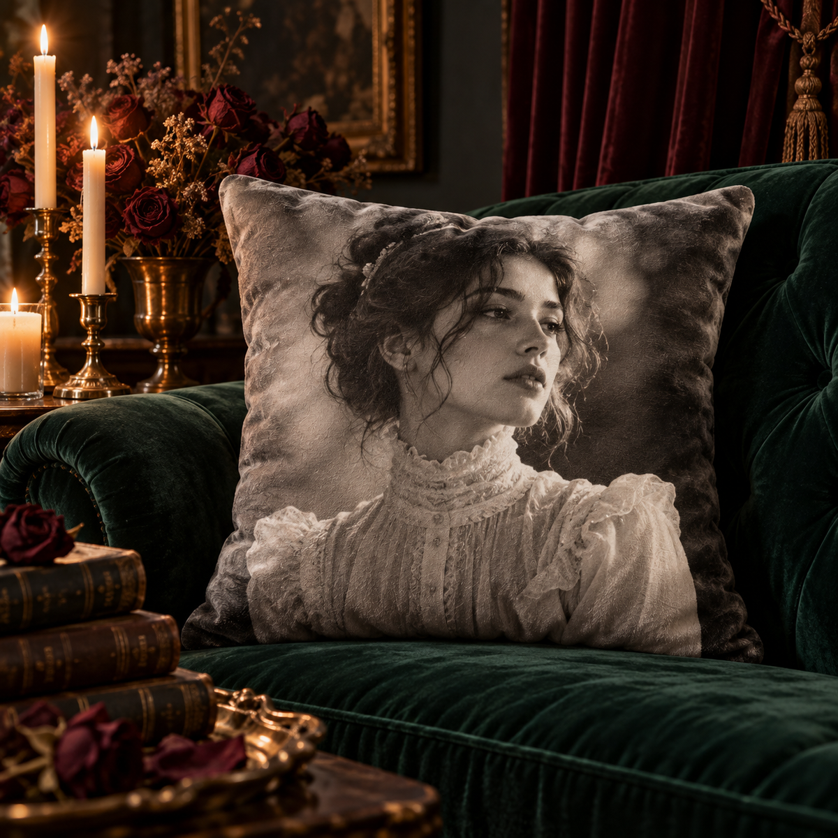 Custom gothic photo pillow on a green velvet sofa by candlelight, printed with a black and white Victorian portrait