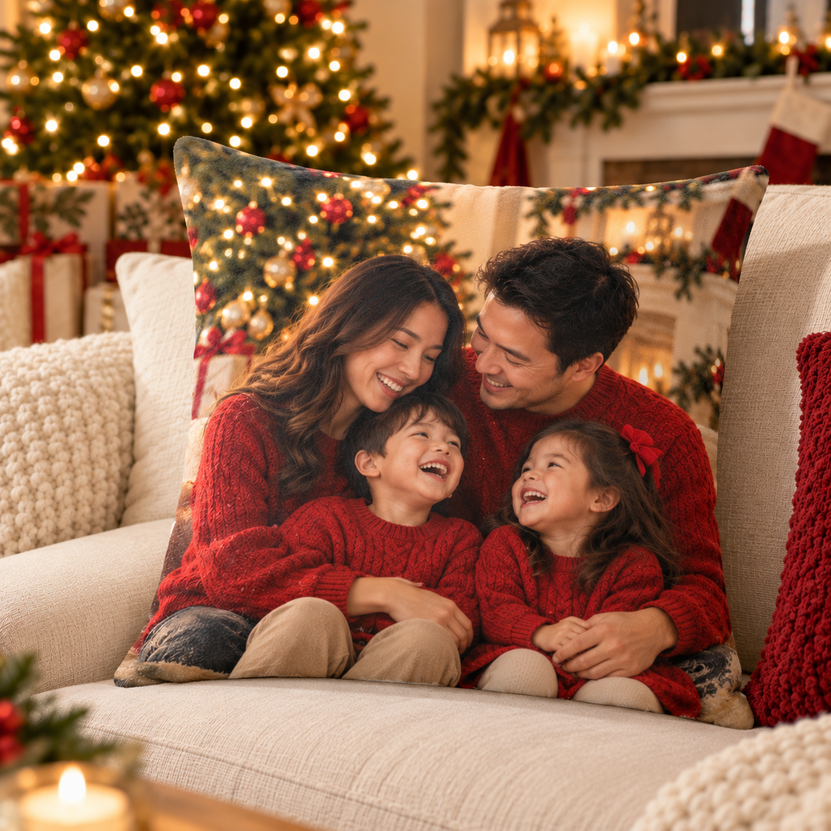 Custom Christmas photo pillow on a cream sofa by the tree, printed with a family photo in matching red sweaters