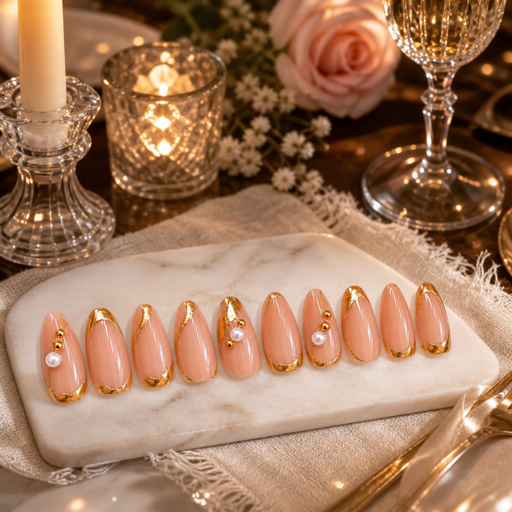 French Tip Press-On Nails – Gold Line Almond, 24pcs