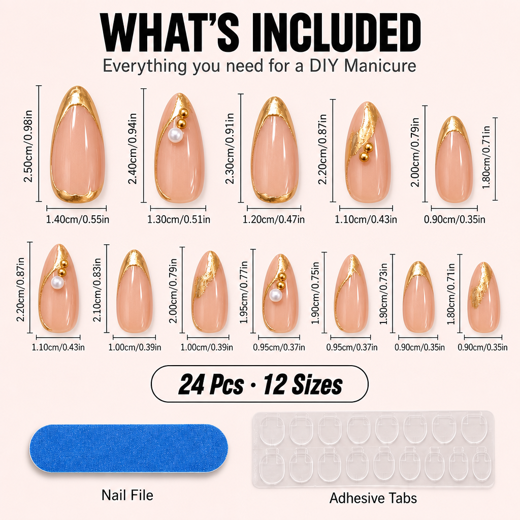 French Tip Press-On Nails – Gold Line Almond, 24pcs