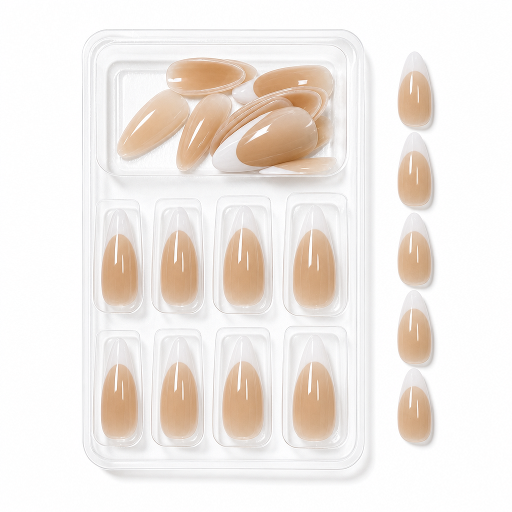 Semi-Transparent Pink French Tip Press-On Nails – Pointed Almond, 24pcs