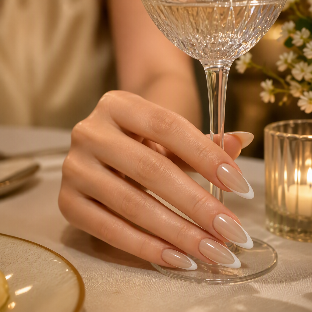 Semi-Transparent Pink French Tip Press-On Nails – Pointed Almond, 24pcs
