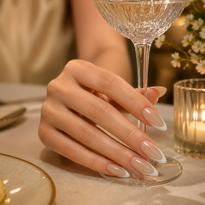 Semi-Transparent Pink French Tip Press-On Nails – Pointed Almond, 24pcs