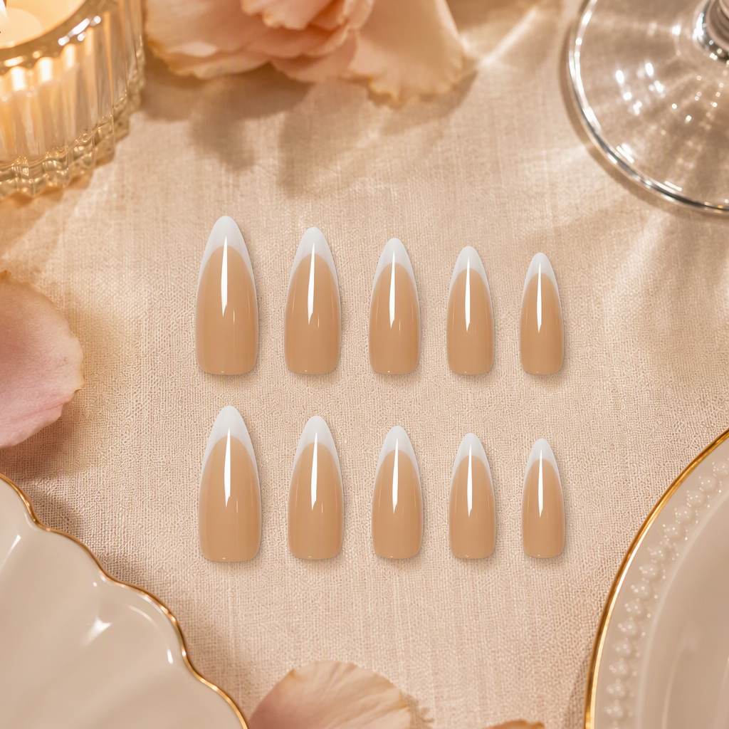 Semi-Transparent Pink French Tip Press-On Nails – Pointed Almond, 24pcs