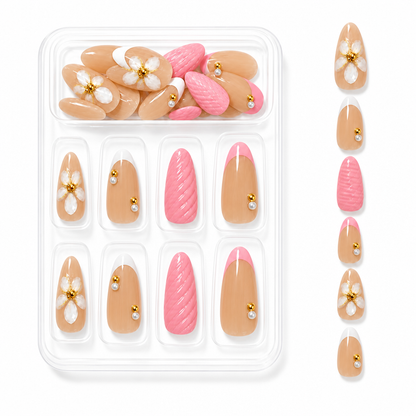 3D Pink French Tip Press-On Nails – Almond, 30pcs