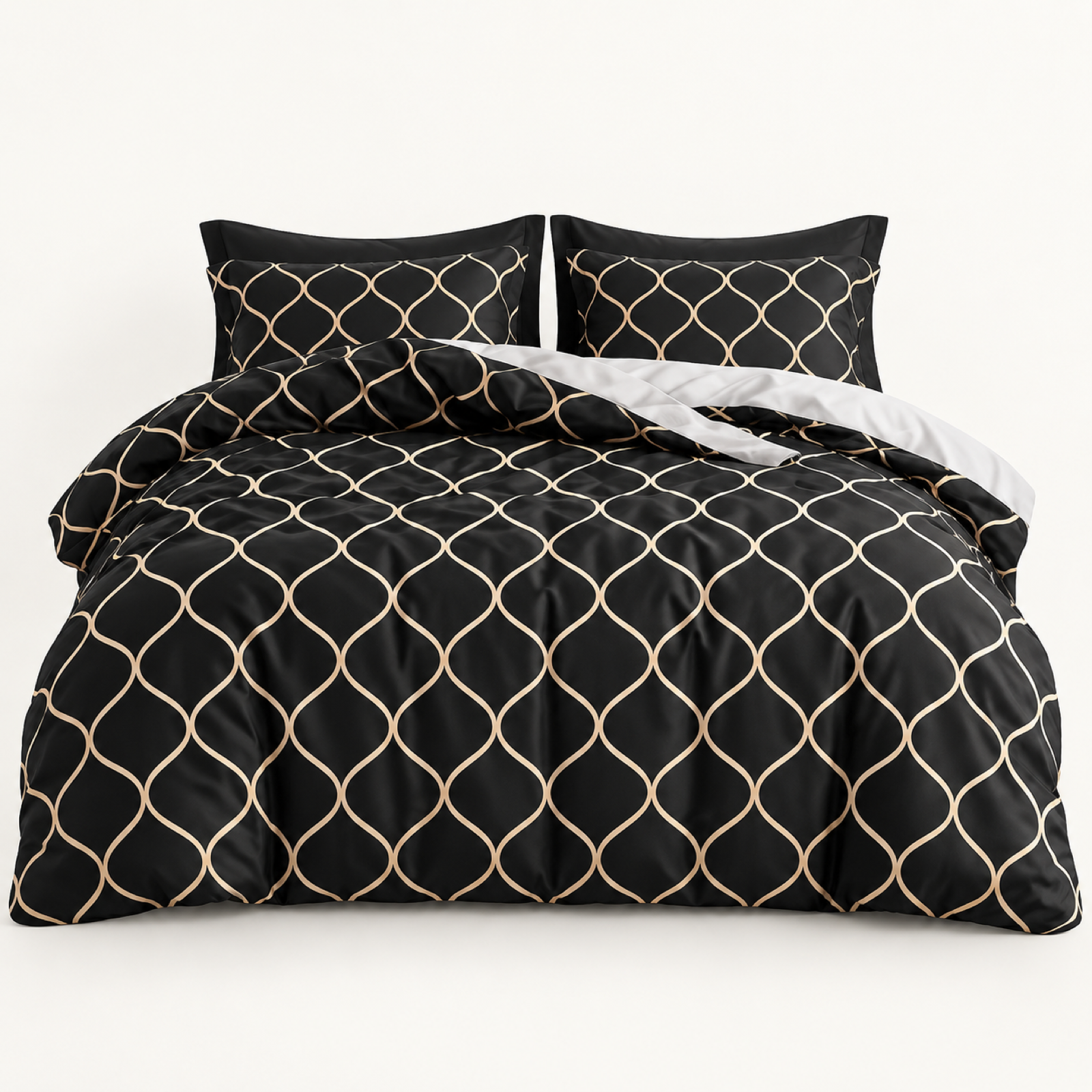 Ogee Trellis Microfiber Duvet Cover Set, Black & Gold — main