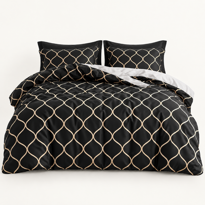 Ogee Trellis Microfiber Duvet Cover Set, Black & Gold — main