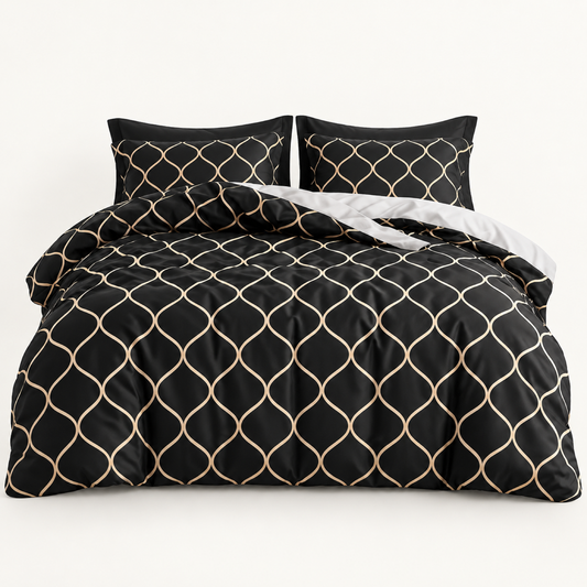 Ogee Trellis Microfiber Duvet Cover Set, Black & Gold — main