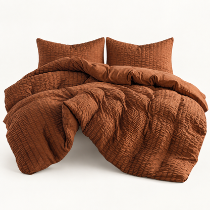 Seersucker Textured Duvet Cover Set, Rust Brown — main