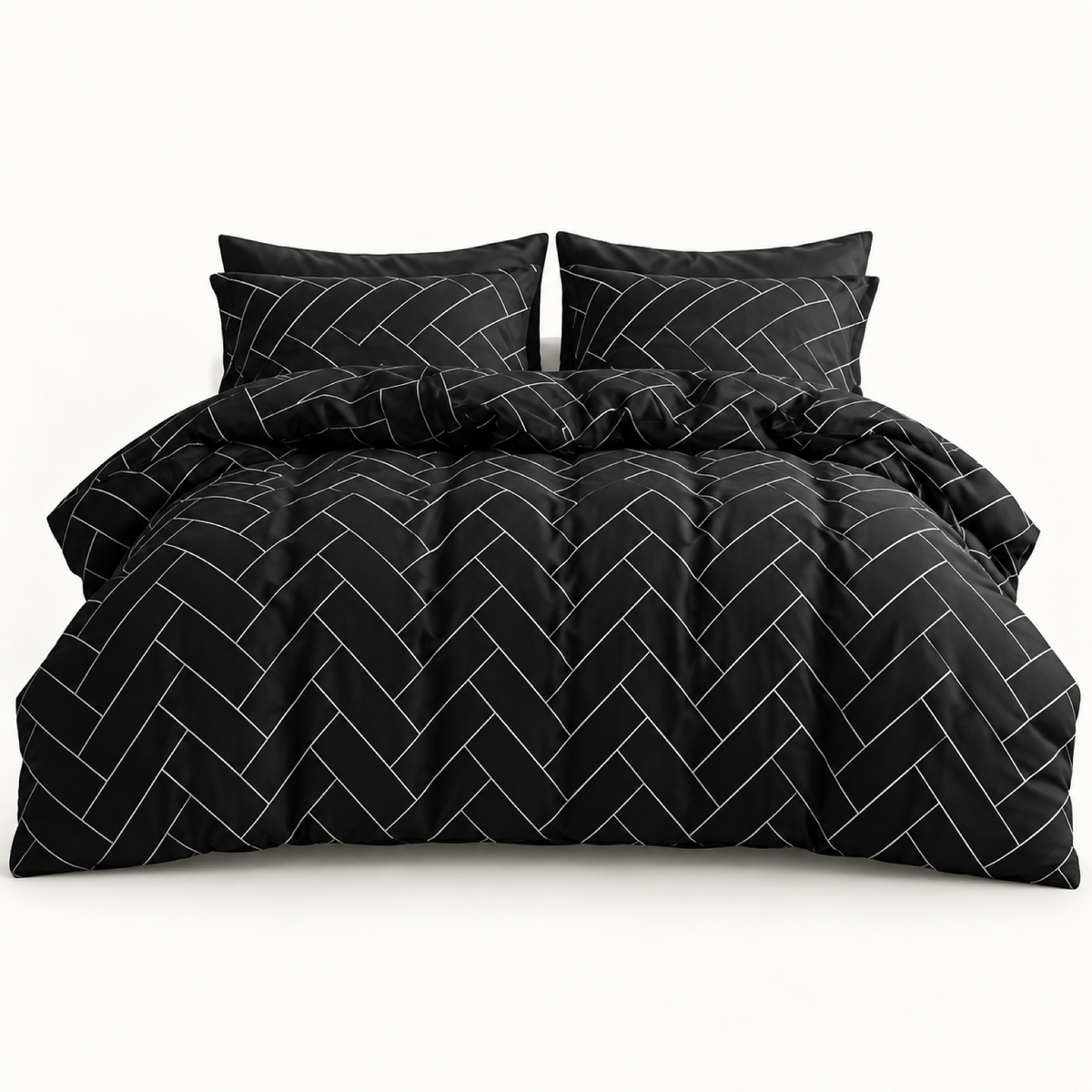 Herringbone Microfiber Duvet Cover Set, Black & White — main