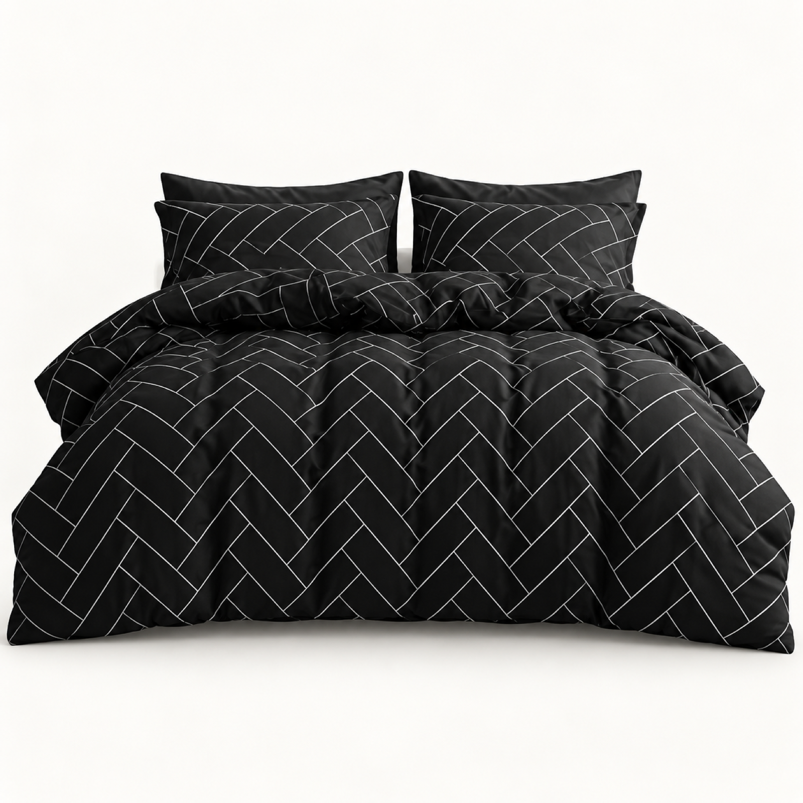 Herringbone Microfiber Duvet Cover Set, Black & White — main
