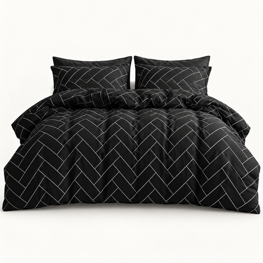 Herringbone Microfiber Duvet Cover Set, Black & White — main