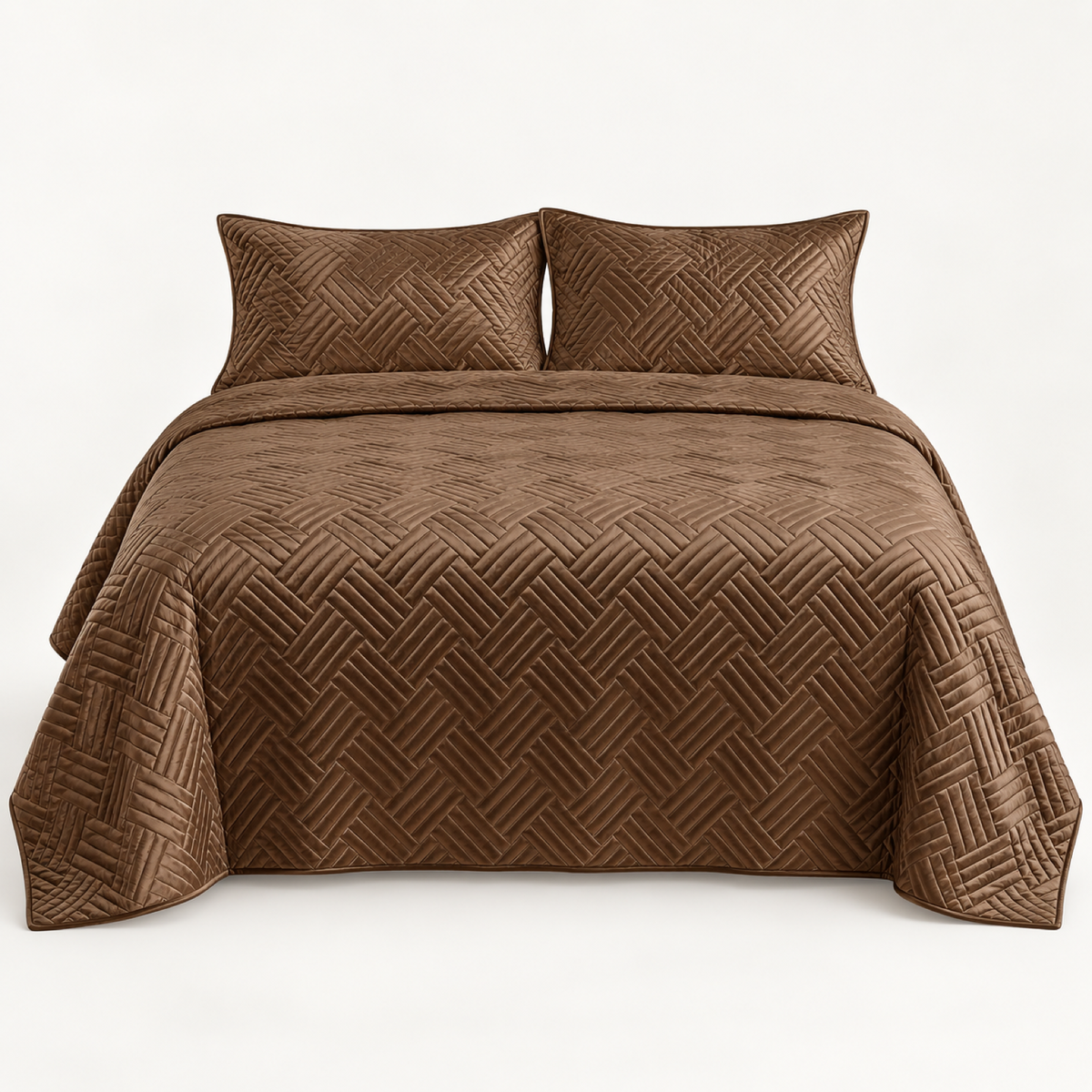 Geometric Satin Quilt Set, Coffee Brown — main