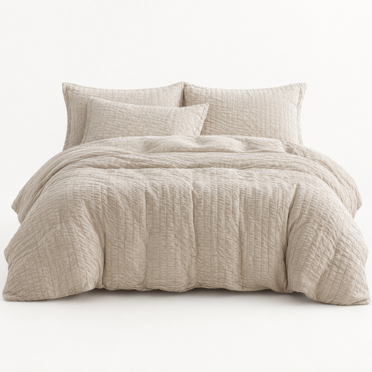 Seersucker Textured Duvet Cover Set, Champagne Beige — main