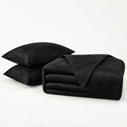 Geometric Satin Quilt Set, Black — main