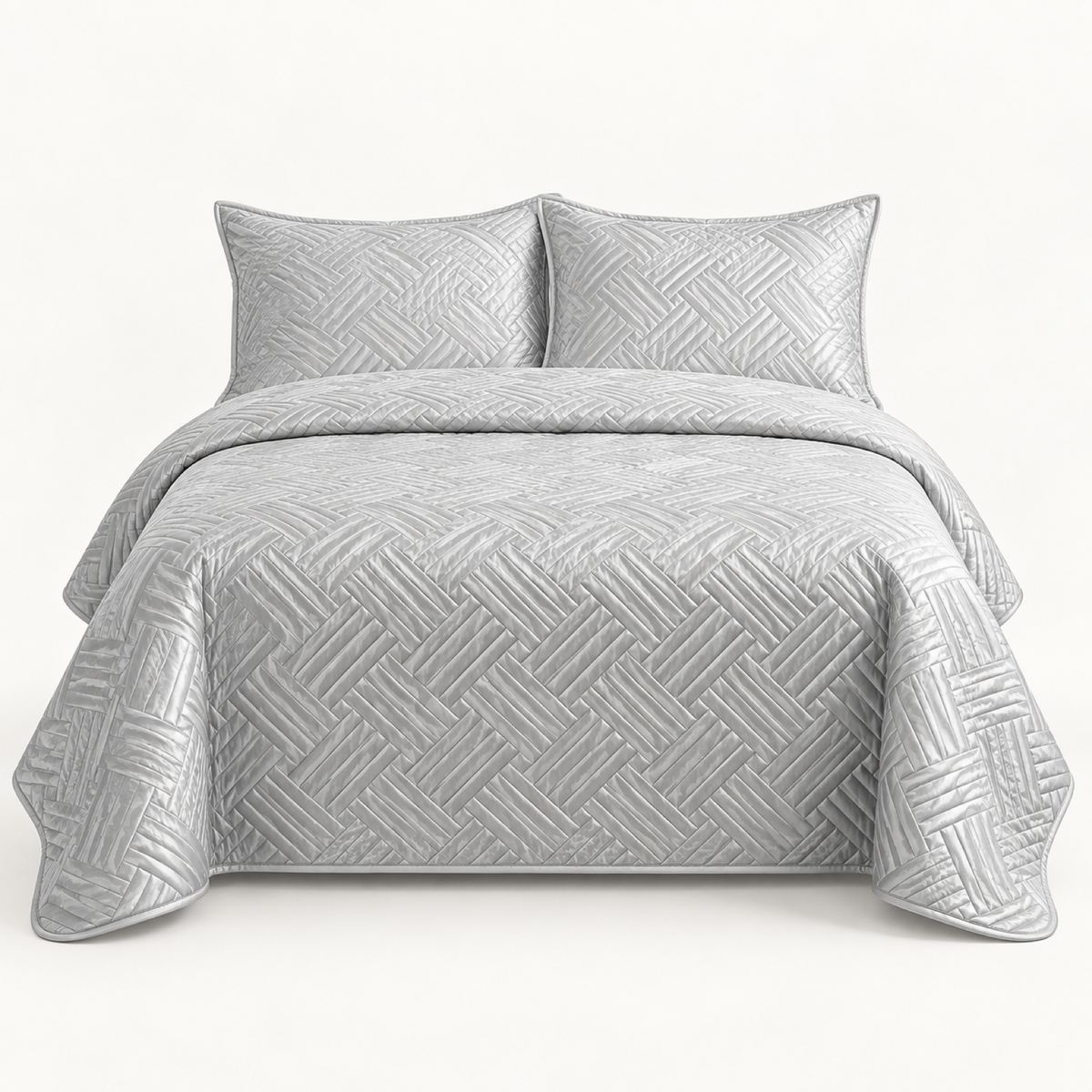 Geometric Satin Quilt Set, Silver Grey — main