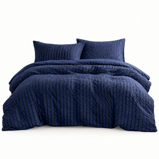 Seersucker Textured Duvet Cover Set, Navy Blue — main