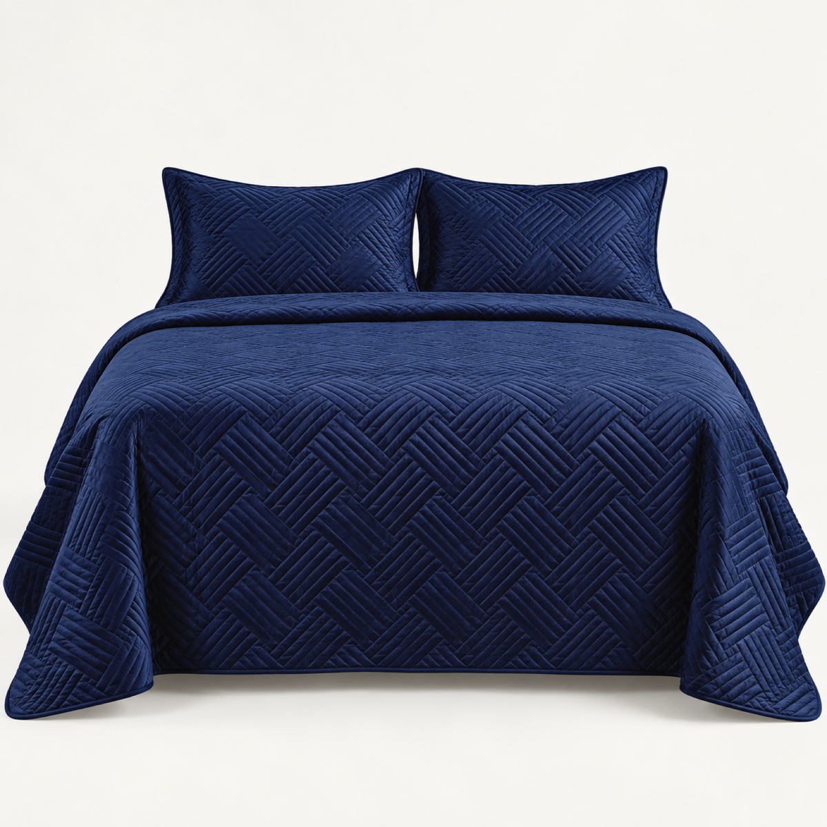 Geometric Satin Quilt Set, Navy Blue — main