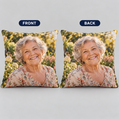 Front and back of the custom memorial photo pillow, the same photo printed on both sides