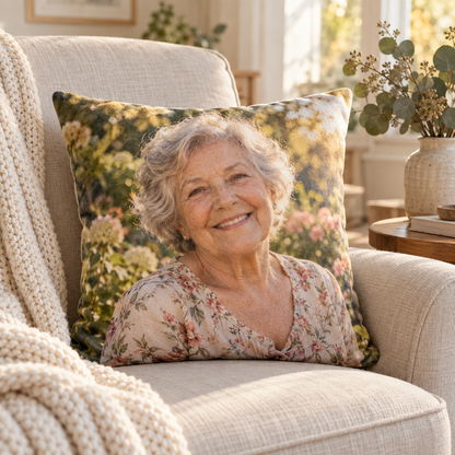Custom memorial photo pillow on a linen armchair, printed with a garden photo of a smiling grandmother