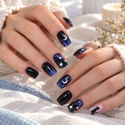 Black Cat and Moon Press-On Nails – Midnight Square, 24pcs