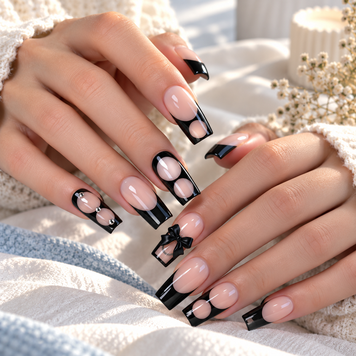Black French Tip Press-On Nails – Bow Design, 24pcs