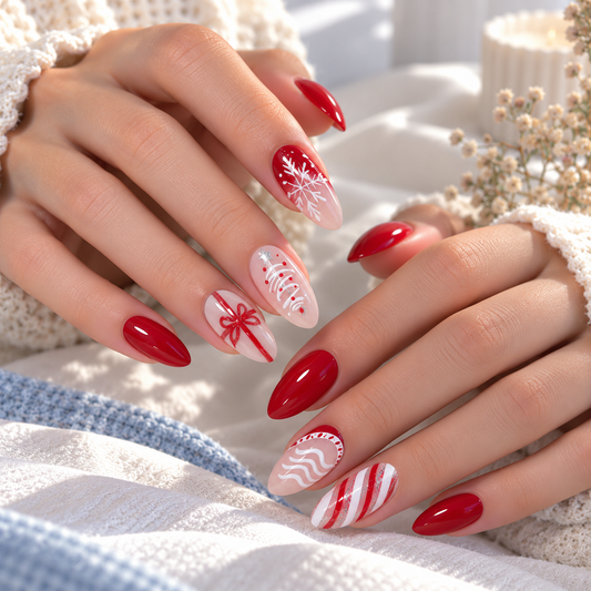 Christmas Bow and Candy Cane Press-On Nails – Red Almond, 24pcs