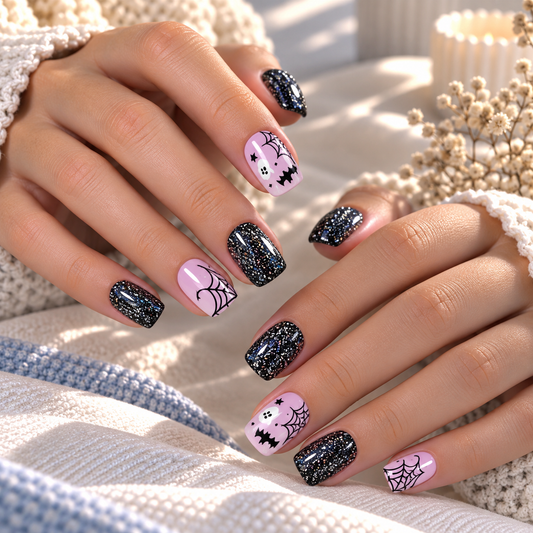 Halloween Bat and Spider Web Press-On Nails – Black Glitter Square, 24pcs