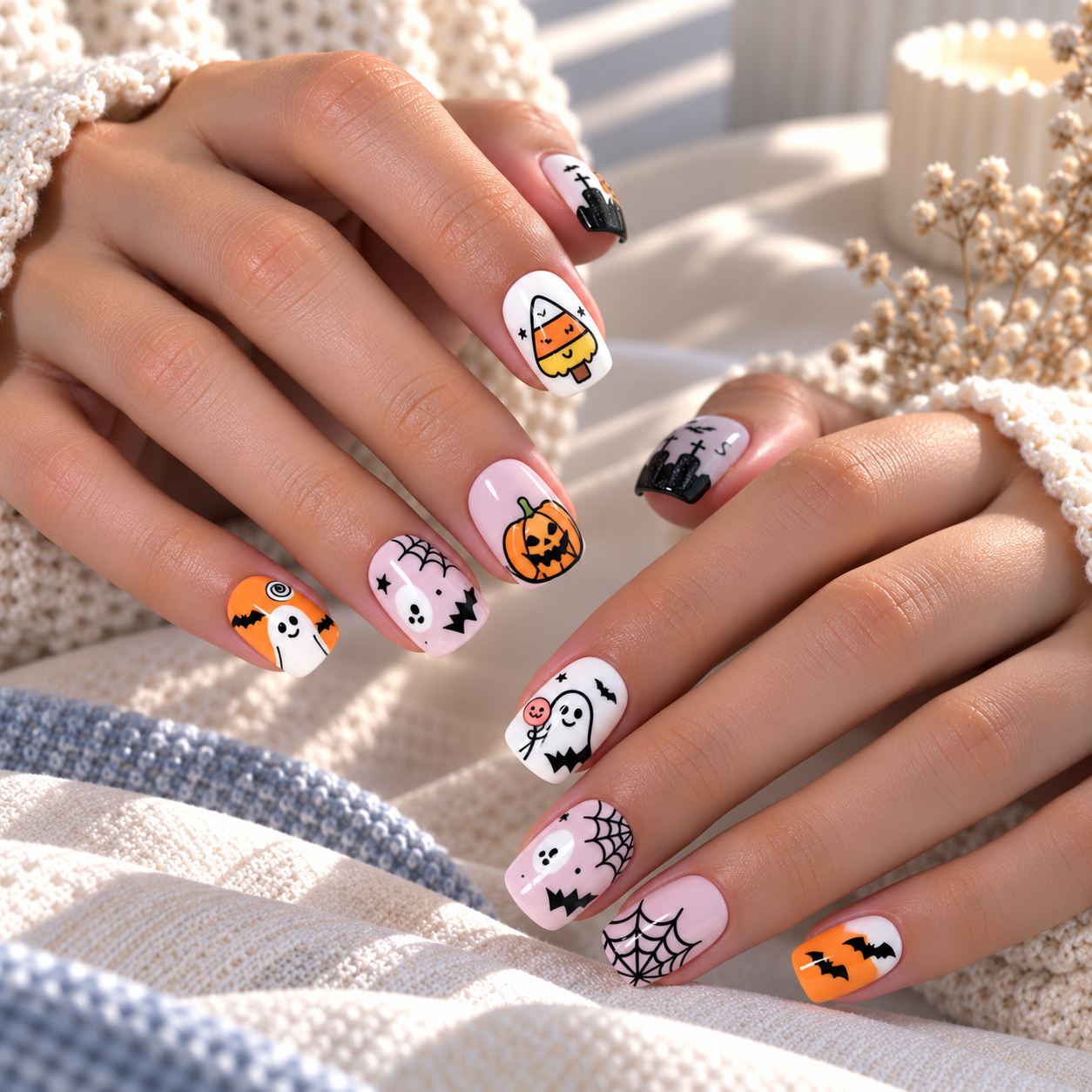 Halloween Candy Corn and Ghost Press-On Nails – Mix Square, 24pcs