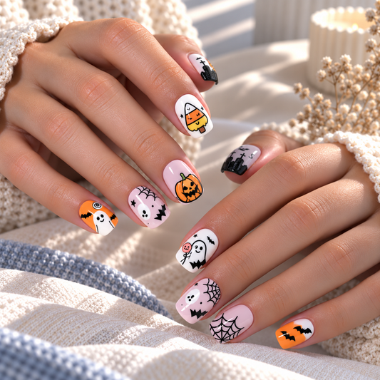 Halloween Candy Corn and Ghost Press-On Nails – Mix Square, 24pcs