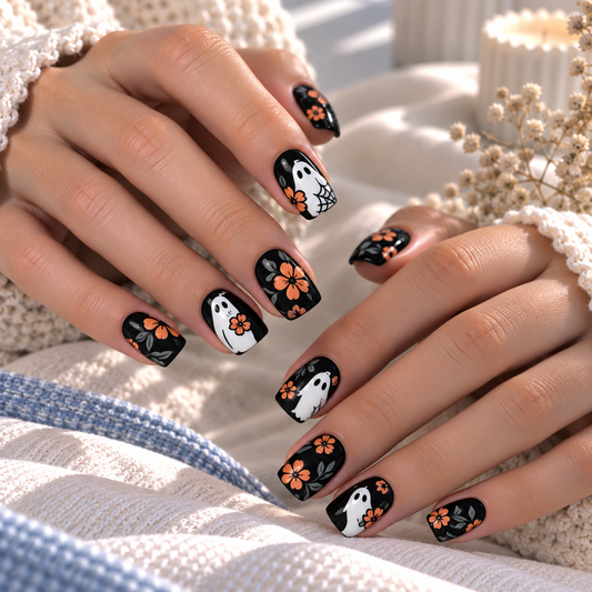 Halloween Ghost and Blossom Press-On Nails – Black Square, 24pcs
