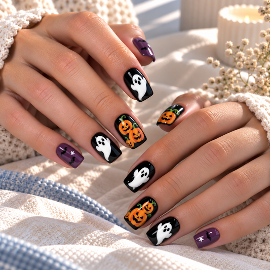 Halloween Ghost and Pumpkin Press-On Nails – Black Square, 24pcs