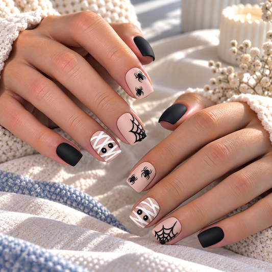 Halloween Mummy and Spider Press-On Nails – Matte Black Square, 24pcs