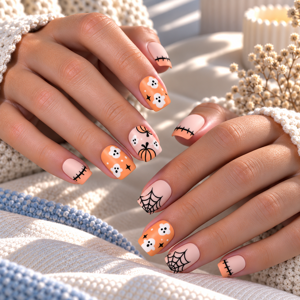 Halloween Pumpkin and Boo Press-On Nails – Nude Square, 24pcs