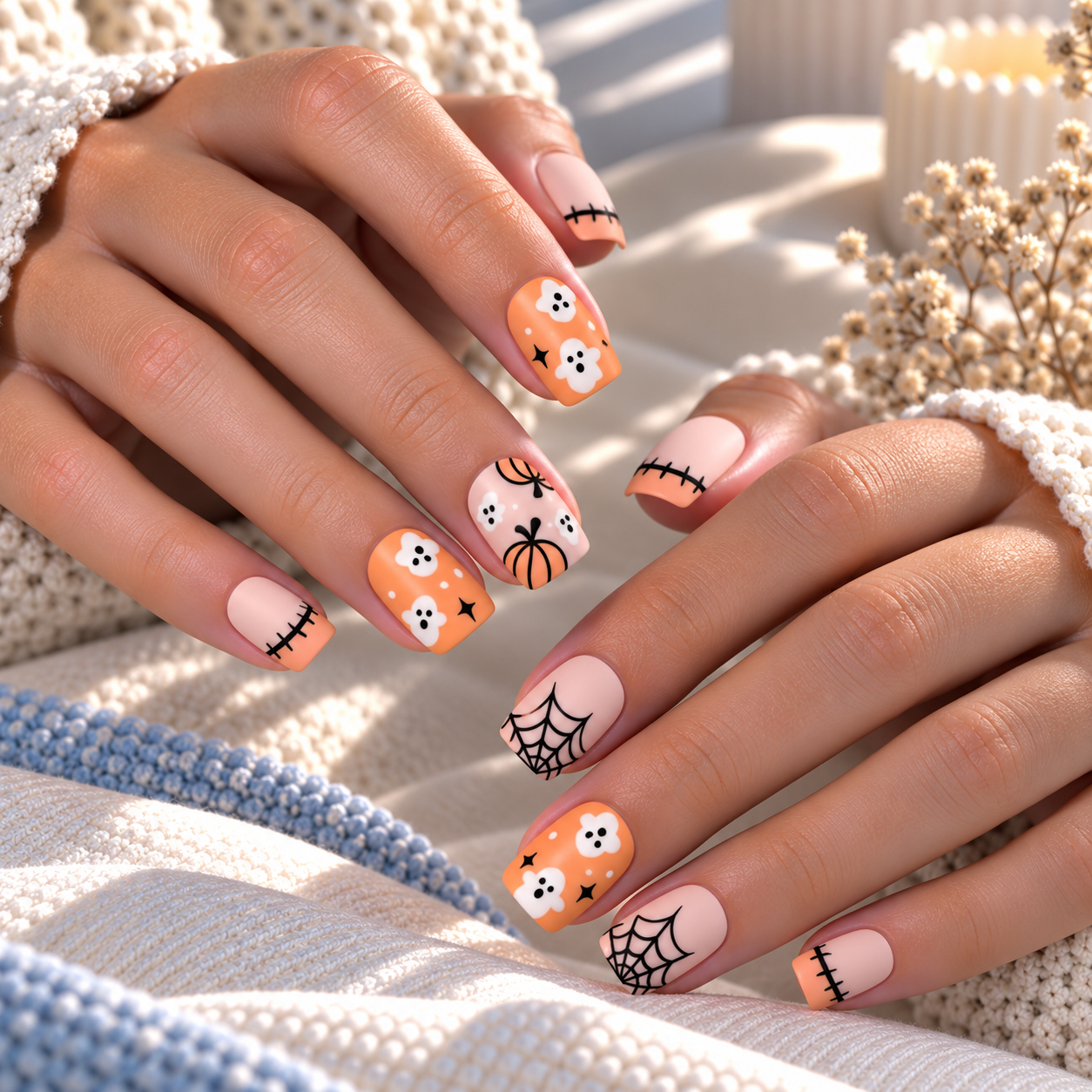 Halloween Pumpkin and Boo Press-On Nails – Nude Square, 24pcs