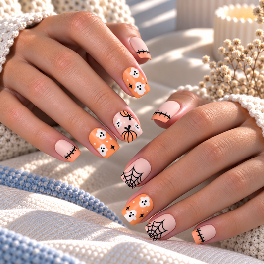 Halloween Pumpkin and Boo Press-On Nails – Nude Square, 24pcs
