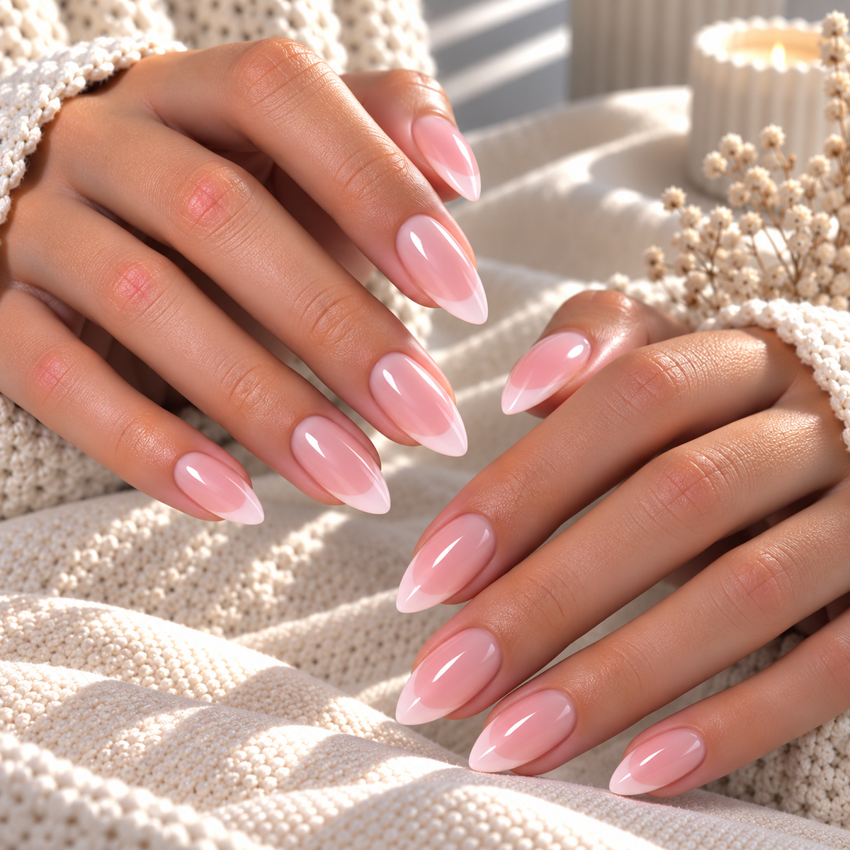 Semi-Transparent Pink French Tip Press-On Nails – Pointed Almond, 24pcs