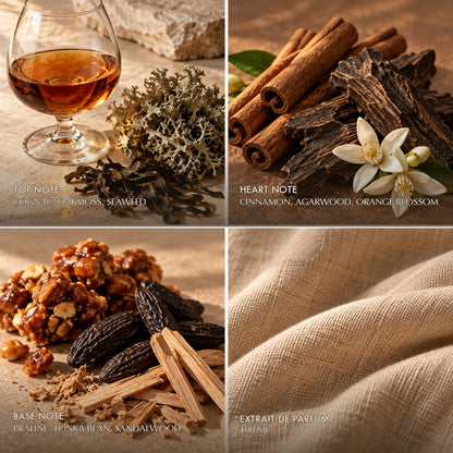 Fragrance notes for Anfar London Ashy Wood: cognac, oakmoss, seaweed top, cinnamon, agarwood, orange blossom heart, praline, tonka bean, sandalwood base